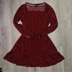 Suzanne Betro Red and Black Fit and Flare Dress with Bishop Sleeves